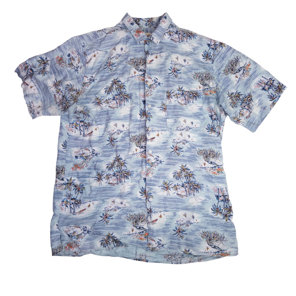 Eddie Bauer Button Down Shirt Mens Large Tall Blue Tropical Linen Blend